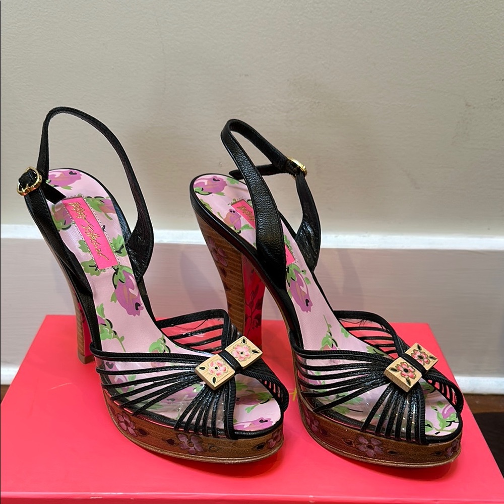 Betsey Johnson Black Strappy Heels with Gold Accent
